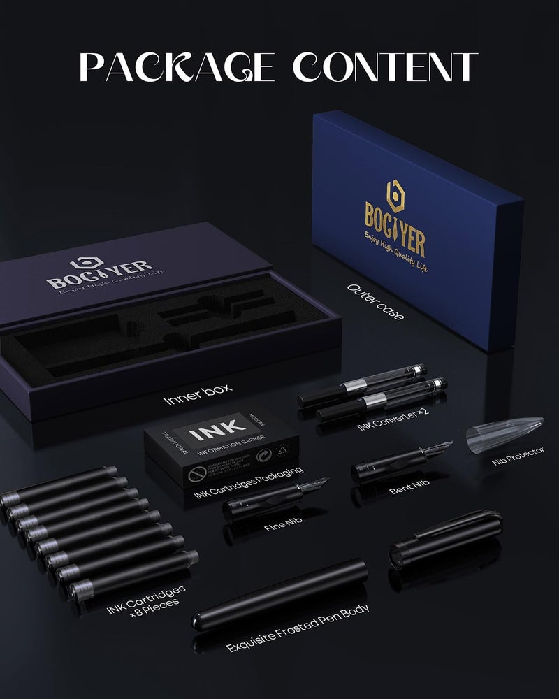 BOCIYER samurai Fountain Pen Set,Hand Polished Medium Nib,Calligraphy Nib(Bent Nib),Includes 8 Ink Cartridges,Ink Refill Converter*2 And Gift Box,Best Pen Gift Set for Men & Women（Black ） - Image 2